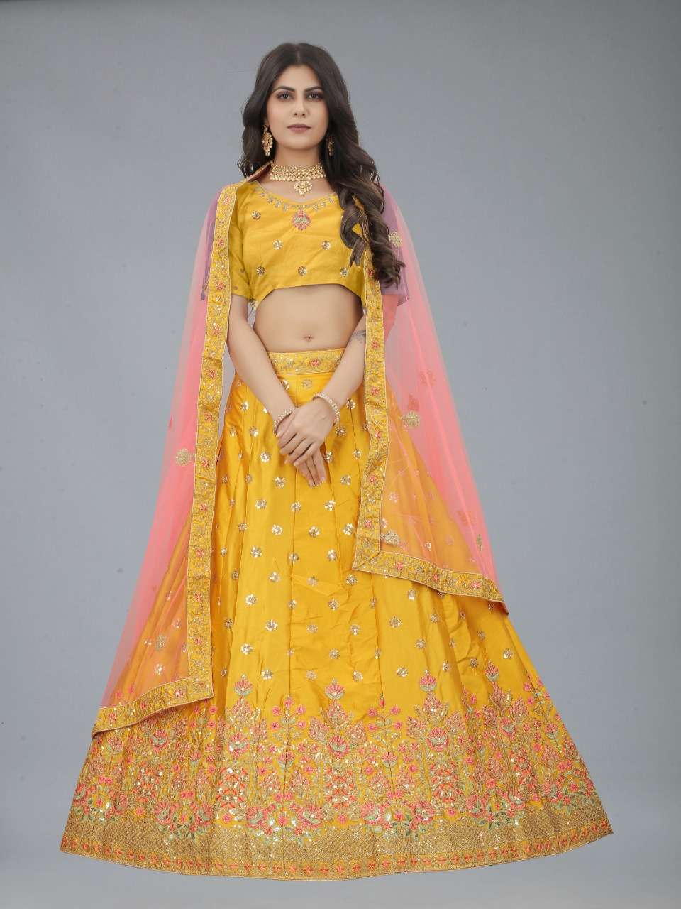 Yellow Baby Pink Multi Color Embroidery Exclusive Wear Lehenga Choli Wholesale