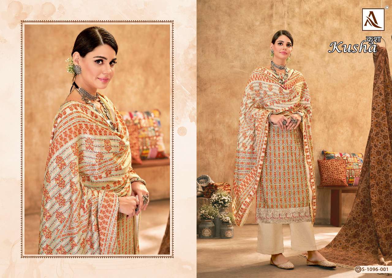 Alok Kusha Catalog Pashmina Digital Print With Embroidery Work Dress Materials Wholesale