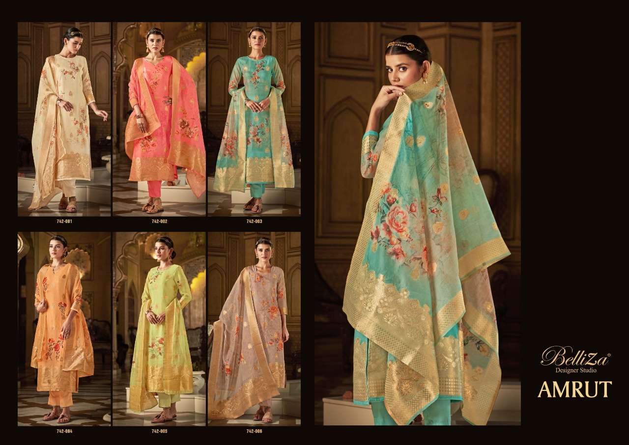 Belliza Amrut Catalog Pure Organza Jaquard Digital Print Embroidery Dress Materials Wholesale