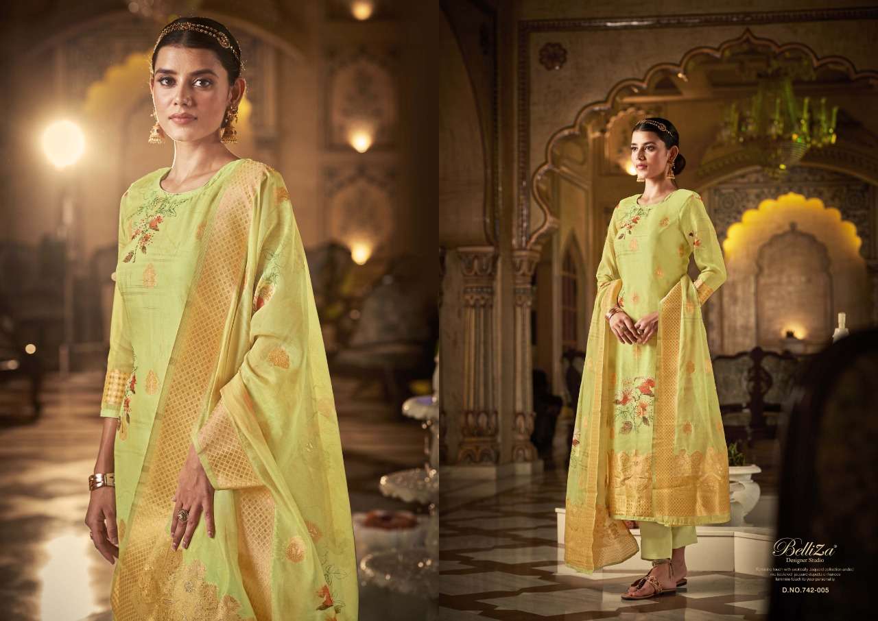 Belliza Amrut Catalog Pure Organza Jaquard Digital Print Embroidery Dress Materials Wholesale