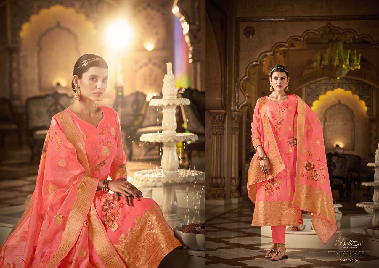 Belliza Amrut Catalog Pure Organza Jaquard Digital Print Embroidery Dress Materials Wholesale