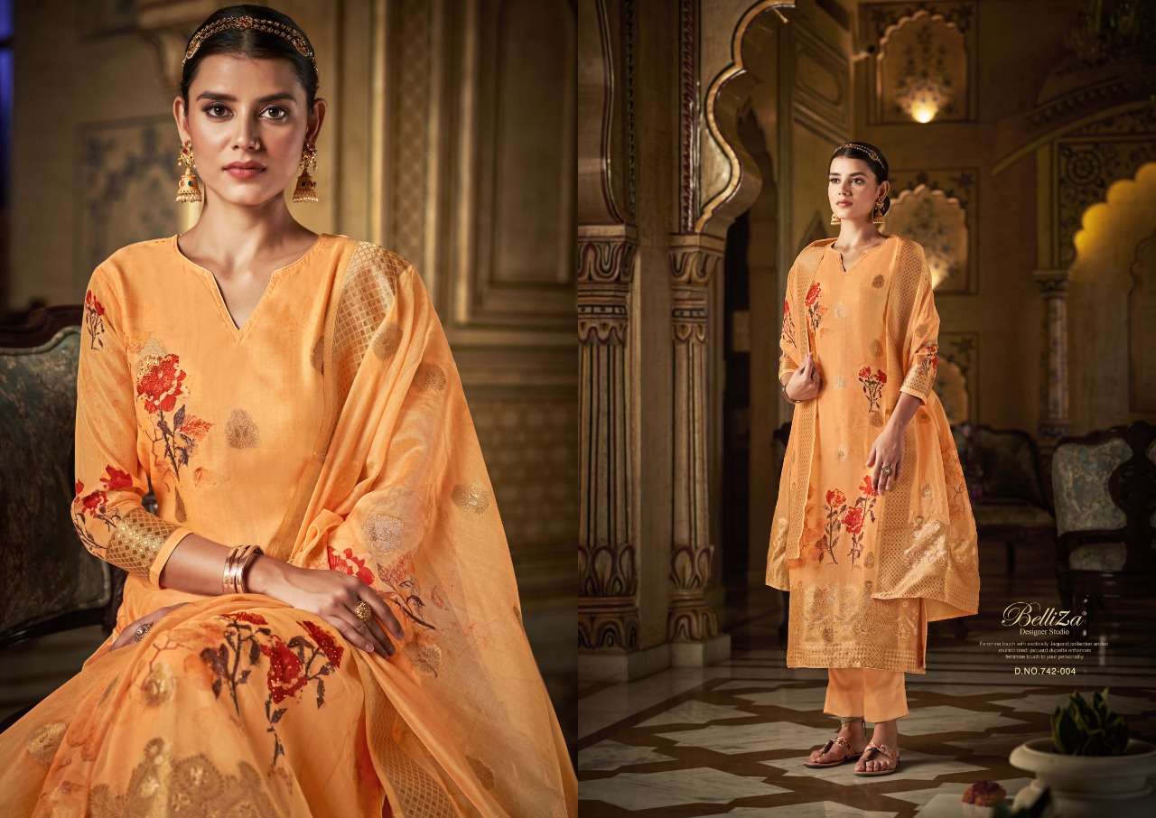 Belliza Amrut Catalog Pure Organza Jaquard Digital Print Embroidery Dress Materials Wholesale
