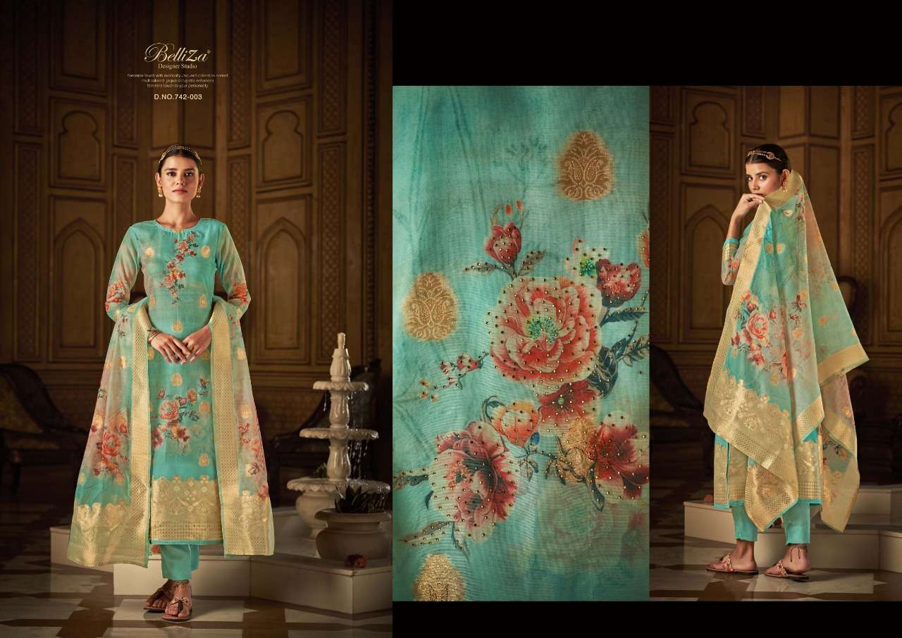 Belliza Amrut Catalog Pure Organza Jaquard Digital Print Embroidery Dress Materials Wholesale