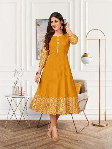 Fc Dc K01 Catalog Attractive Rayon Foil Print Party Wear Naira Cut Kurtis Wholesale