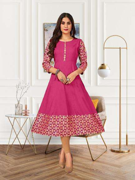 Fc Dc K01 Catalog Attractive Rayon Foil Print Party Wear Naira Cut Kurtis Wholesale