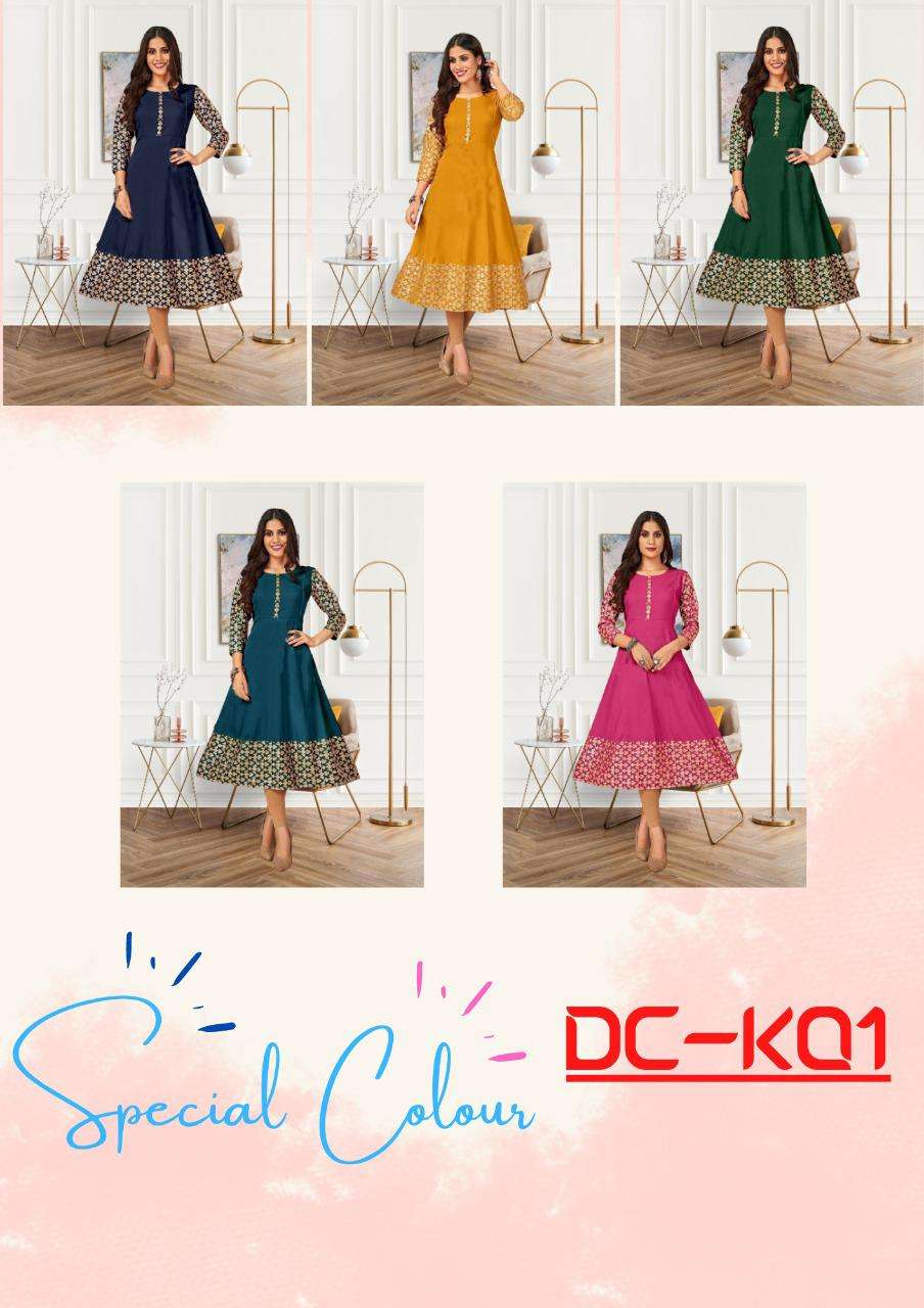 Fc Dc K01 Catalog Attractive Rayon Foil Print Party Wear Naira Cut Kurtis Wholesale