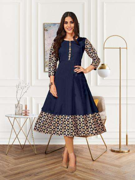 Fc Dc K01 Catalog Attractive Rayon Foil Print Party Wear Naira Cut Kurtis Wholesale