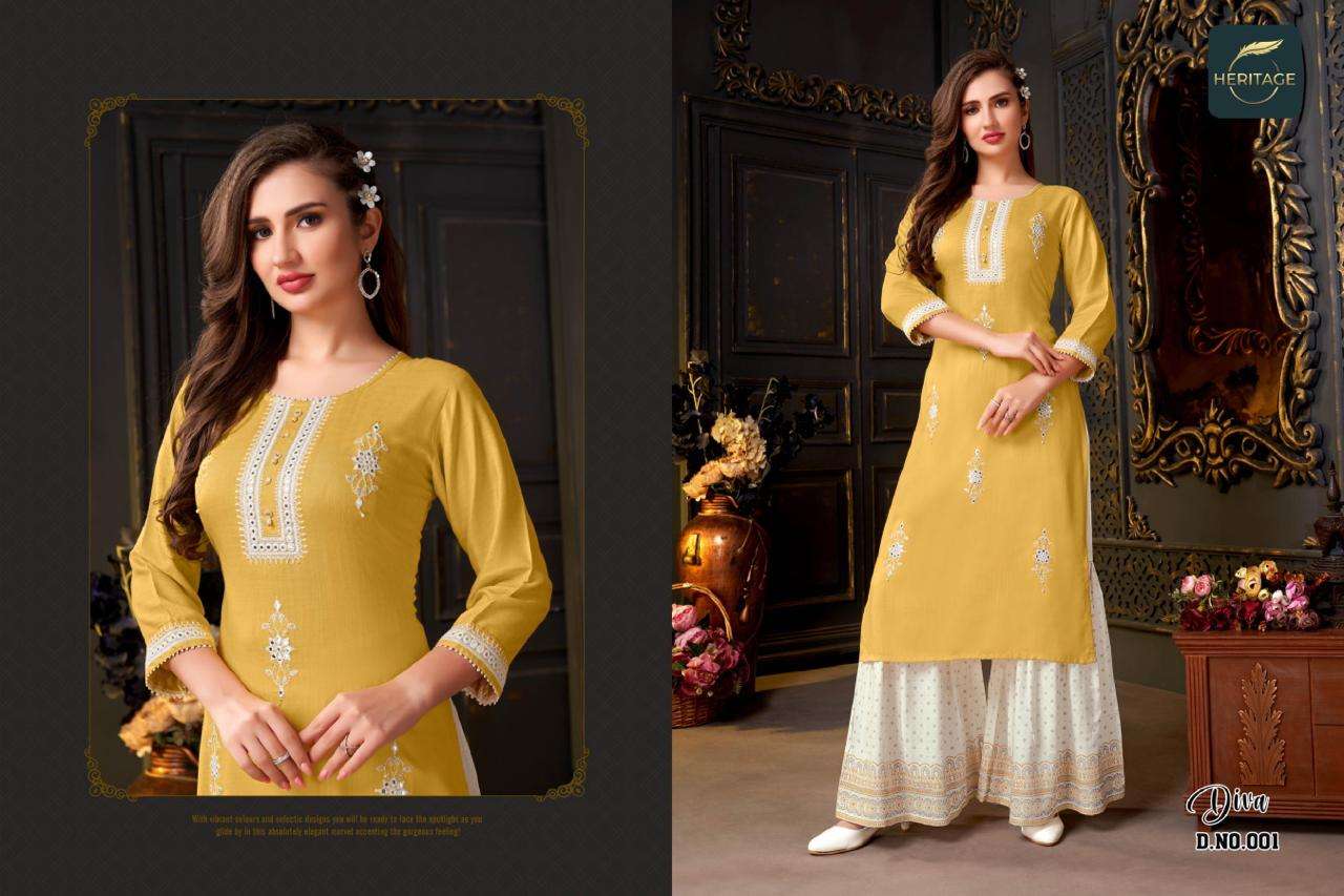 Heritage Diva Catalog Rayon Slub Designer Kurti With Bottom Wholesale