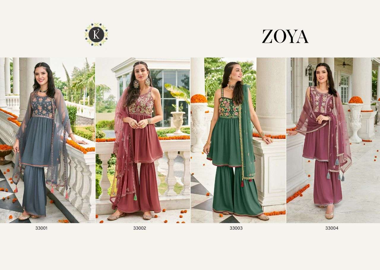 K Fashion Zoya Catalog Designer Wear Ready Made Top Bottom Dupatta Wholesale