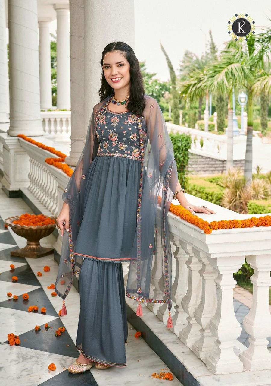 K Fashion Zoya Catalog Designer Wear Ready Made Top Bottom Dupatta Wholesale
