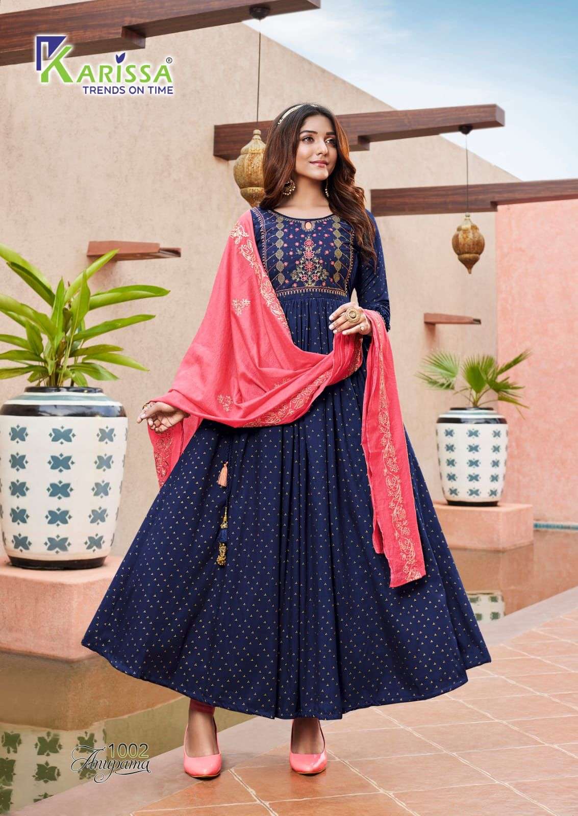 Buy Vinya Peach Banarasi Cotton Fit & Flare Dress With Organza Dupatta (Set  of 2) online