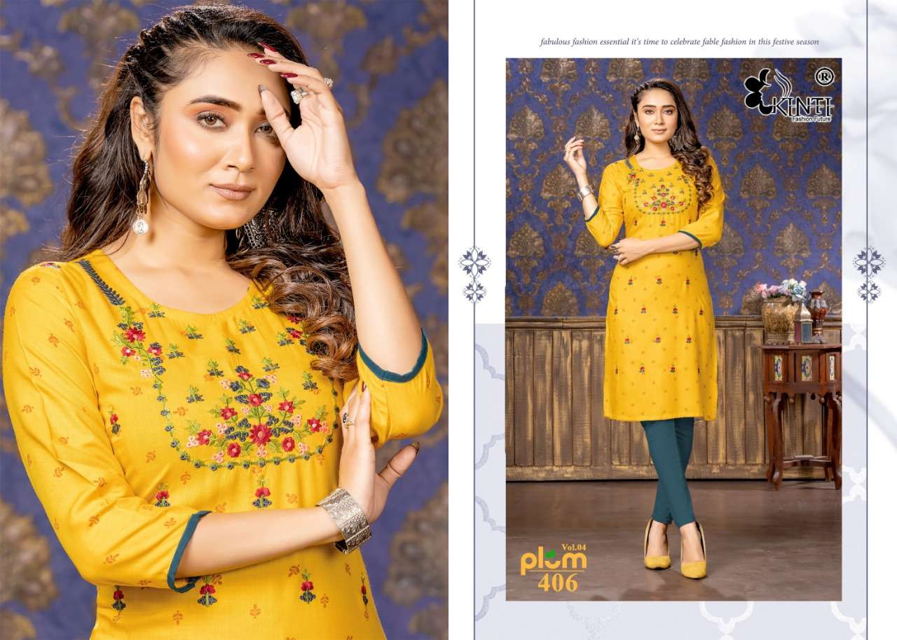 Kinti Plum Vol 4 Catalog Rayon Slub Print Embroidery Wear Kurtis Wholesale