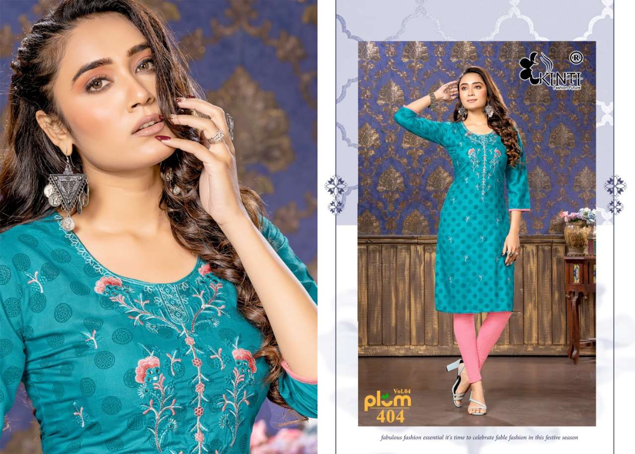 Kinti Plum Vol 4 Catalog Rayon Slub Print Embroidery Wear Kurtis Wholesale