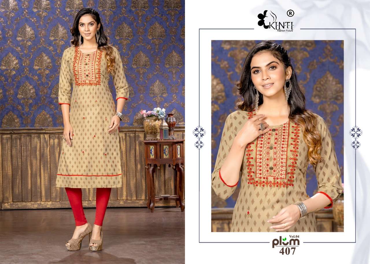 Kinti Plum Vol 4 Catalog Rayon Slub Print Embroidery Wear Kurtis Wholesale