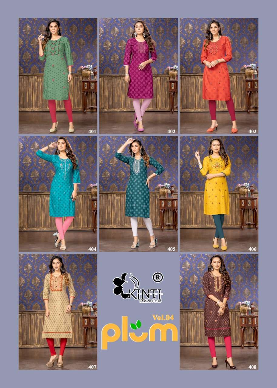 Kinti Plum Vol 4 Catalog Rayon Slub Print Embroidery Wear Kurtis Wholesale