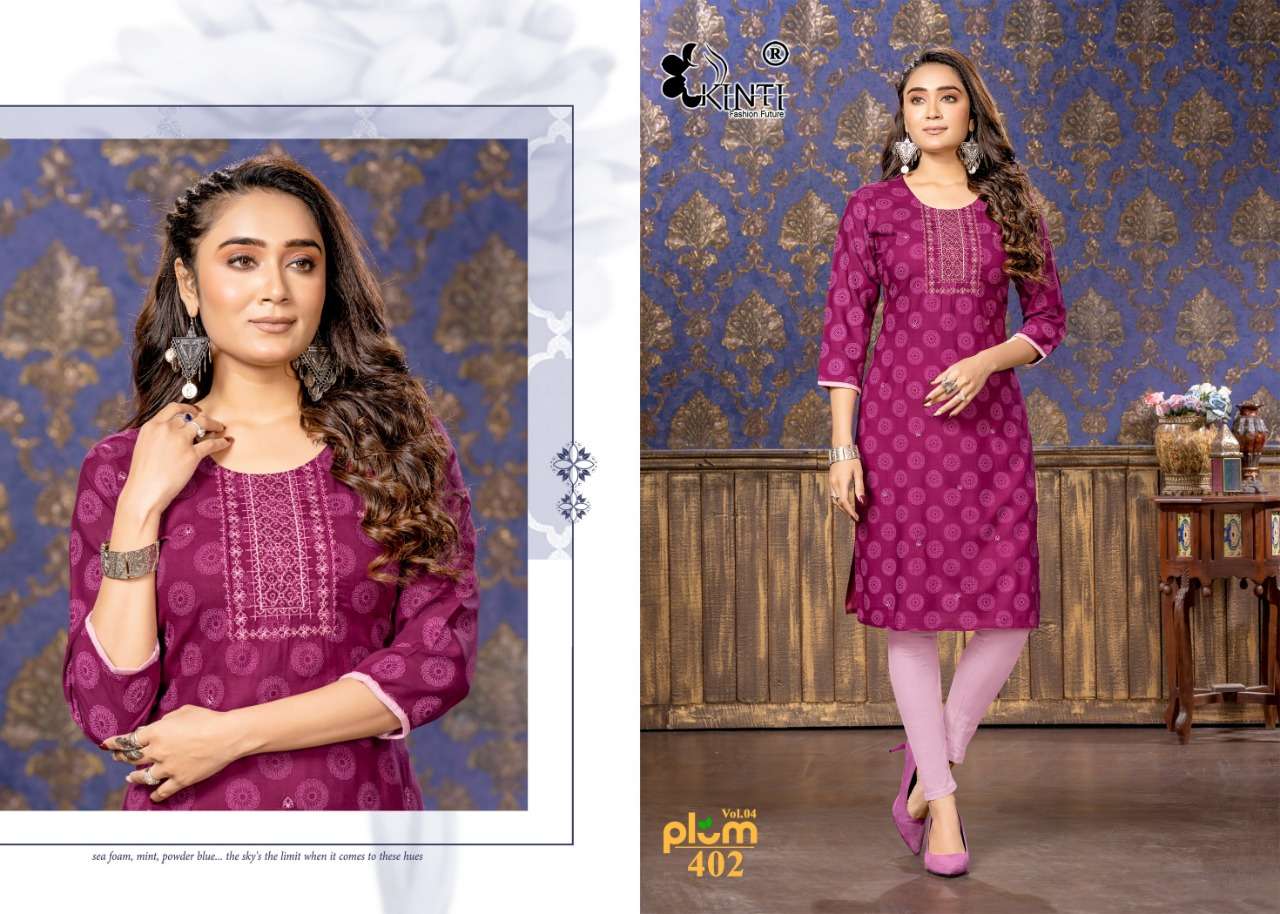 Kinti Plum Vol 4 Catalog Rayon Slub Print Embroidery Wear Kurtis Wholesale