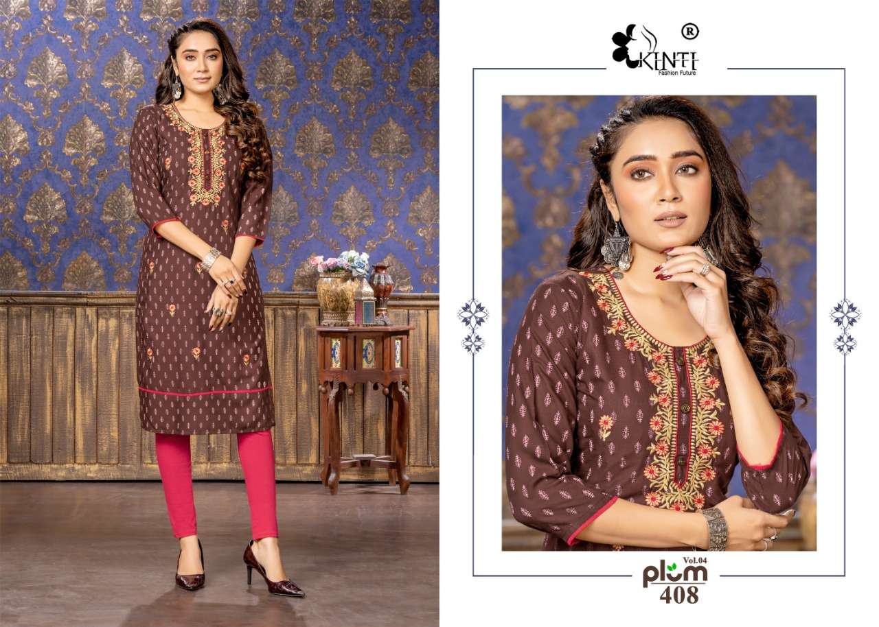 Kinti Plum Vol 4 Catalog Rayon Slub Print Embroidery Wear Kurtis Wholesale
