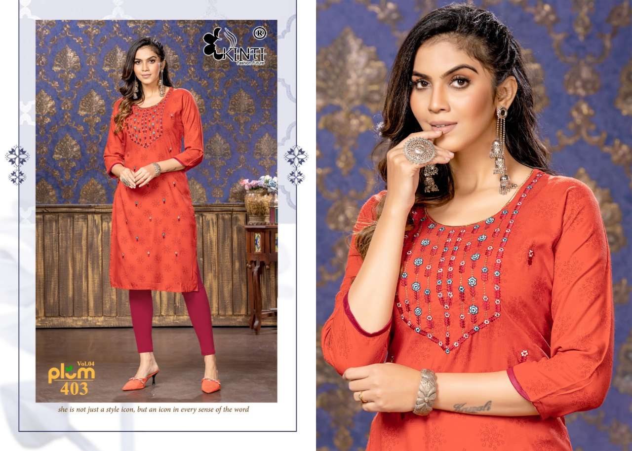 Kinti Plum Vol 4 Catalog Rayon Slub Print Embroidery Wear Kurtis Wholesale