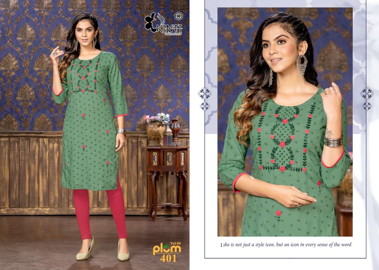 Kinti Plum Vol 4 Catalog Rayon Slub Print Embroidery Wear Kurtis Wholesale
