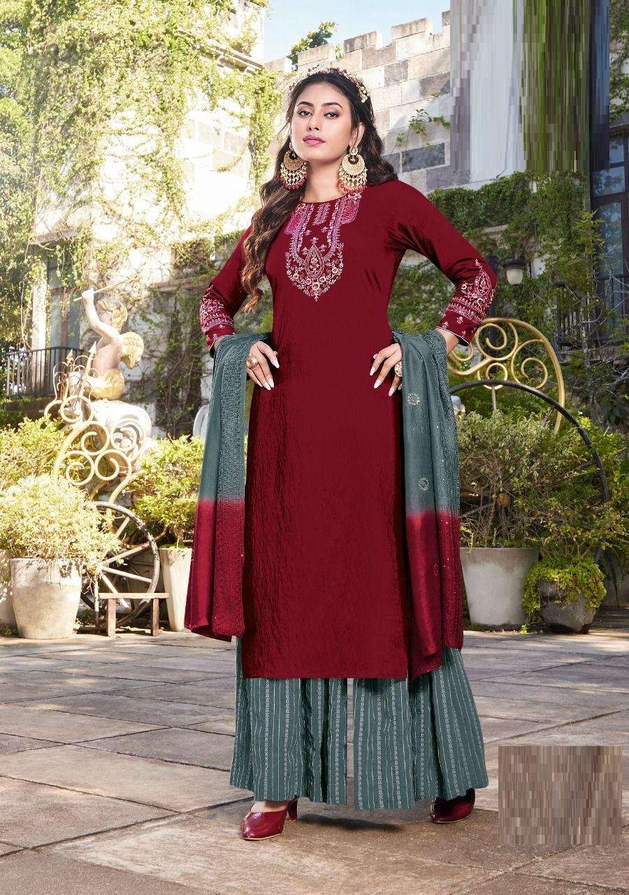 Ladies Flavour Ruhana Vol 5 Catalog Pure Viscose Embroidery Wear Ready Made Top Bottom Dupatta Wholesale