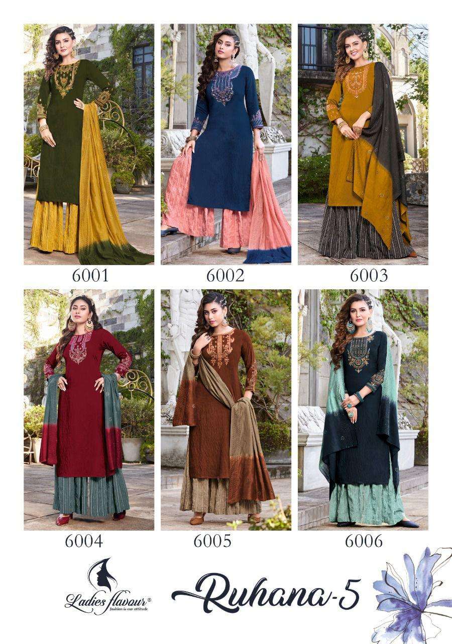 Ladies Flavour Ruhana Vol 5 Catalog Pure Viscose Embroidery Wear Ready Made Top Bottom Dupatta Wholesale