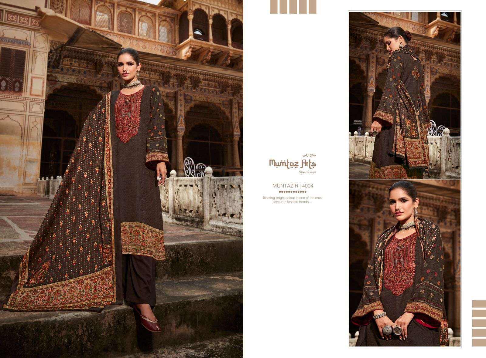 Mumtaz Arts Muntazir Catalog Embroidery Winter Wear Pashmina Dress Materials Wholesale