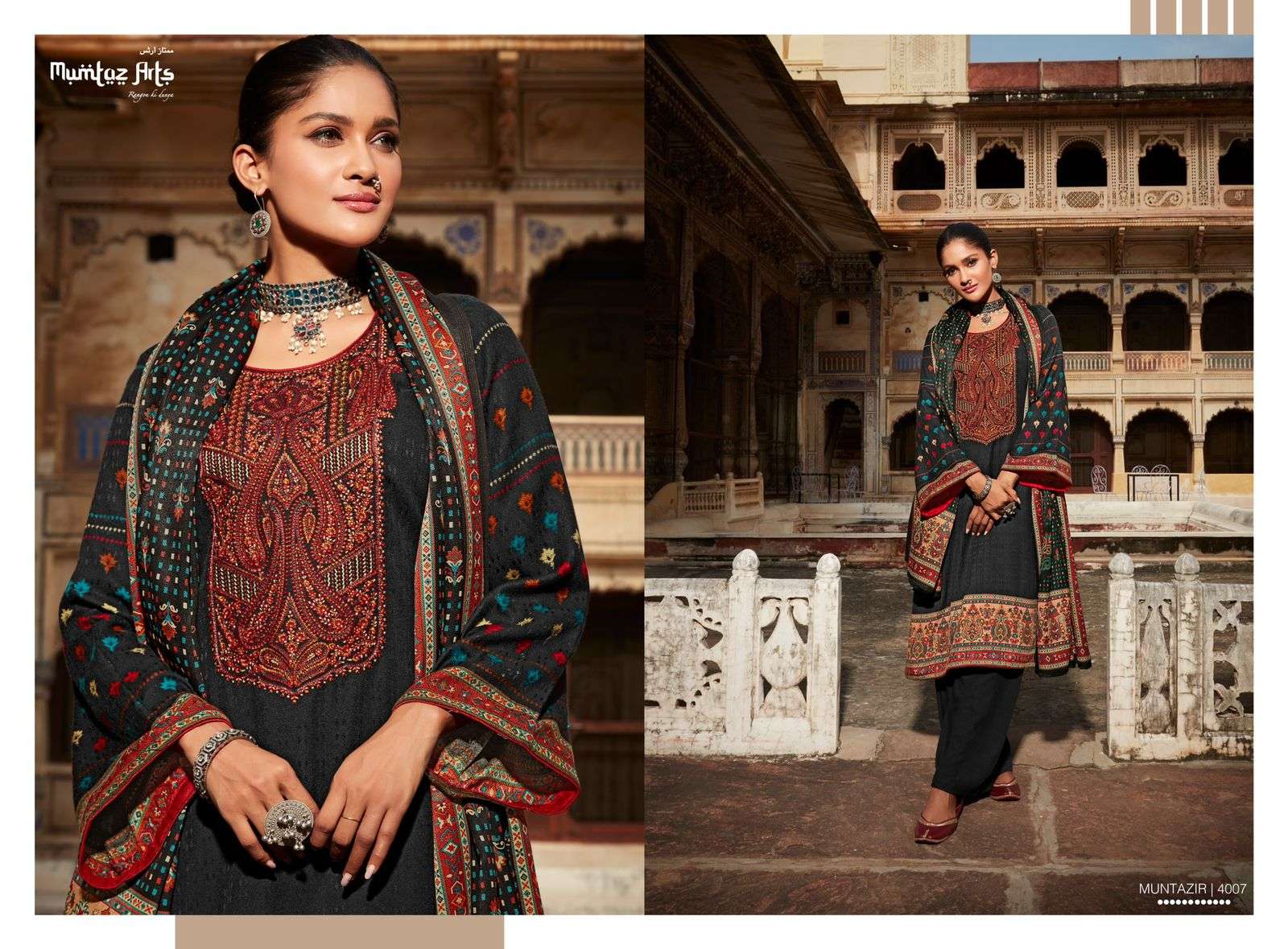 Mumtaz Arts Muntazir Catalog Embroidery Winter Wear Pashmina Dress Materials Wholesale