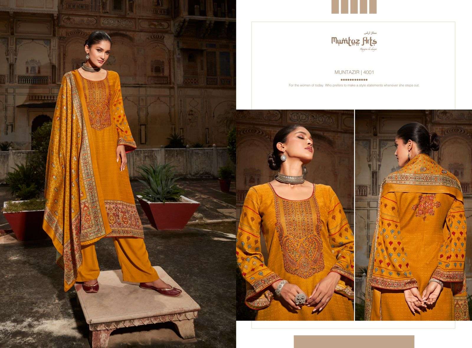 Mumtaz Arts Muntazir Catalog Embroidery Winter Wear Pashmina Dress Materials Wholesale