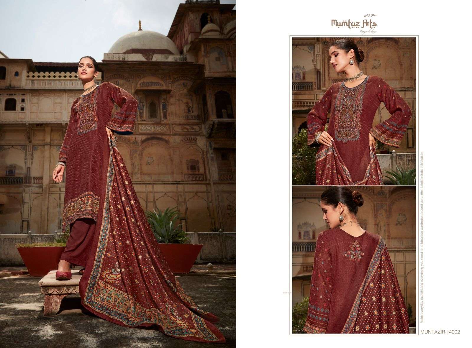 Mumtaz Arts Muntazir Catalog Embroidery Winter Wear Pashmina Dress Materials Wholesale