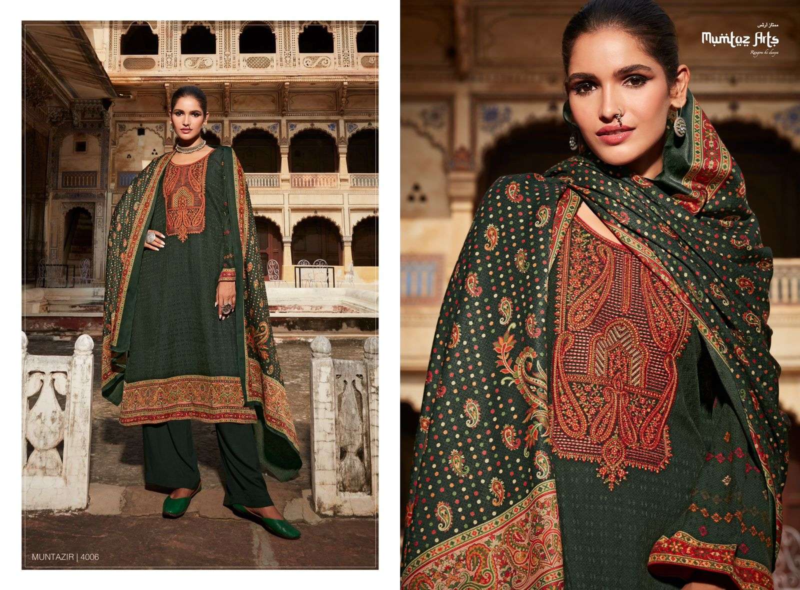 Mumtaz Arts Muntazir Catalog Embroidery Winter Wear Pashmina Dress Materials Wholesale