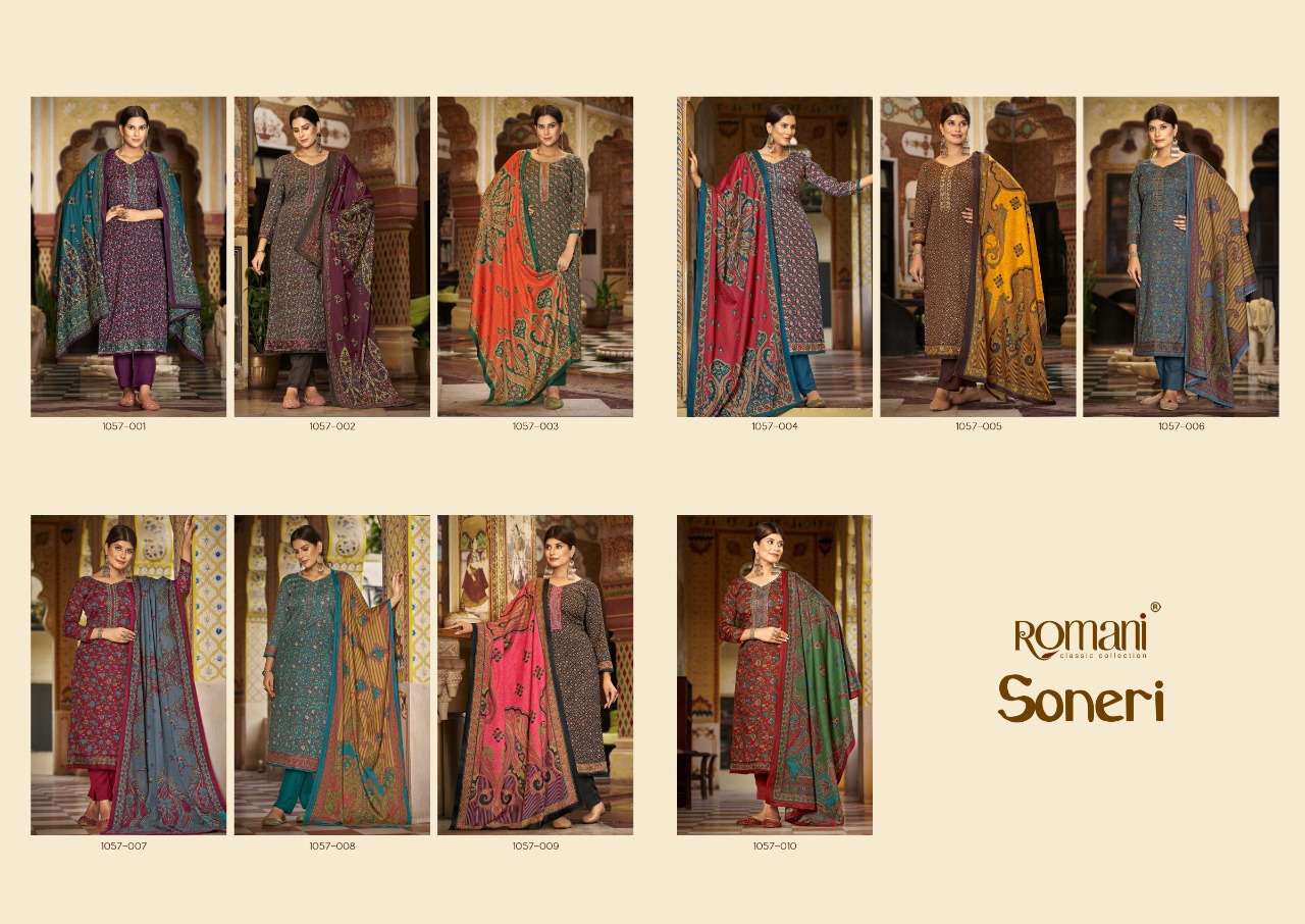 Romani Soneri Catalog Exclusive Wollen Wear Pashmina Dress Materials Wholesale
