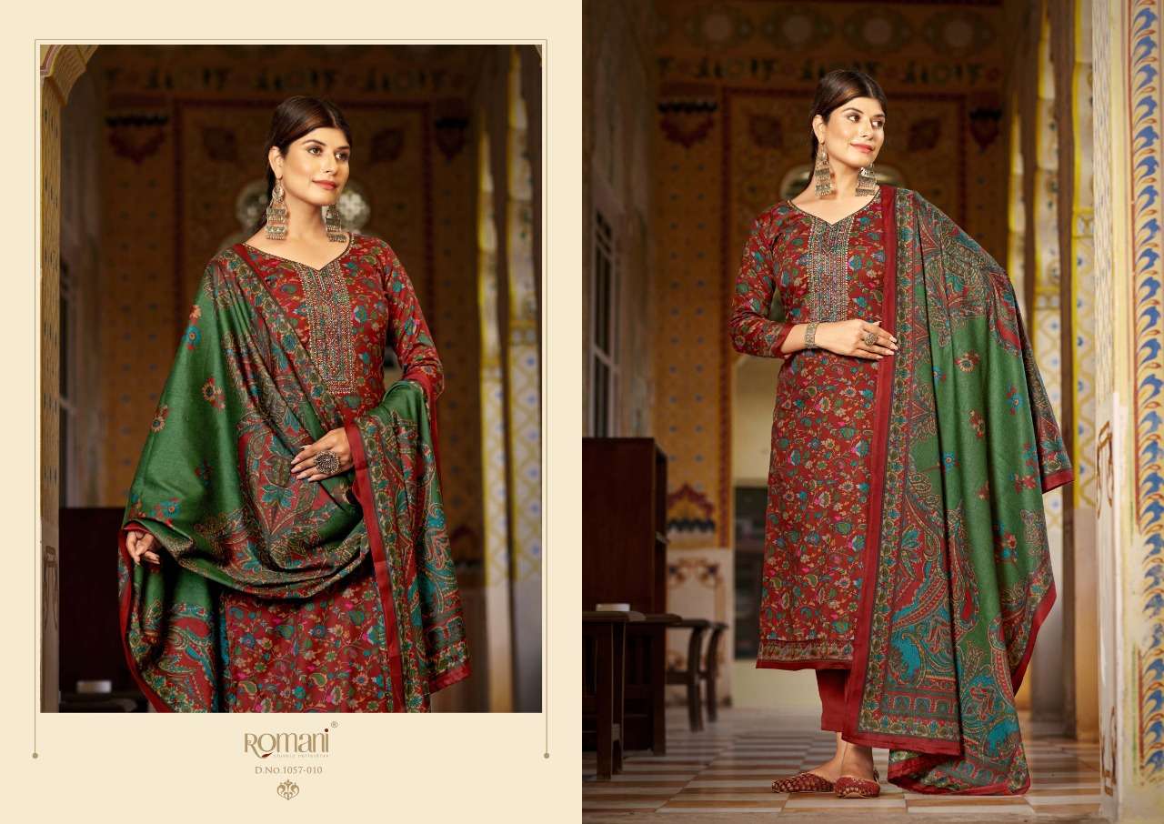 Romani Soneri Catalog Exclusive Wollen Wear Pashmina Dress Materials Wholesale