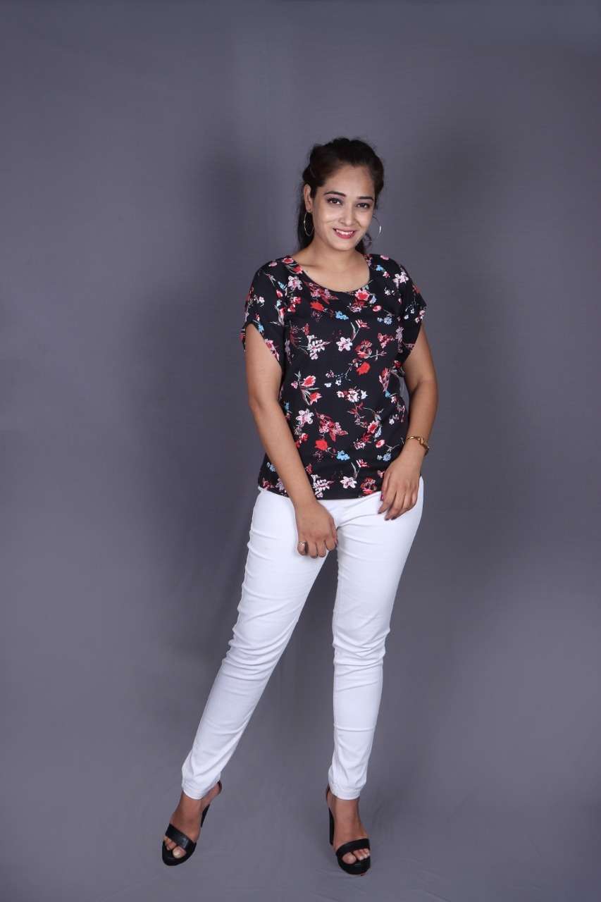 Sabella Trendy Tunics Vol 4 Catalog Crape Designer Wear Ladies Tops Wholesale