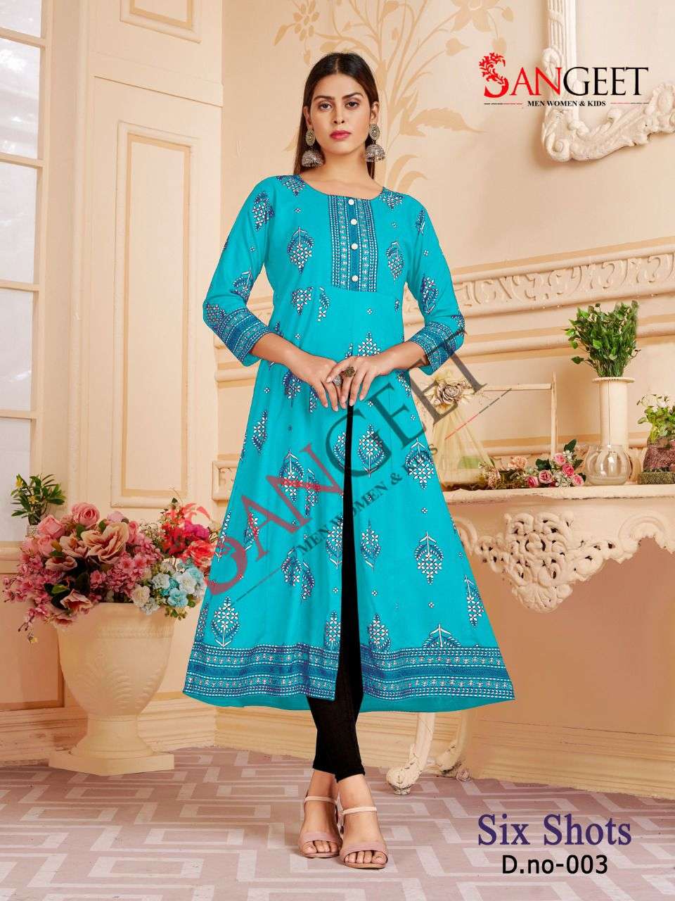 Sangeet Six Shot Vol 1 Catalog Rayon Centre Cut Party Wear Kurtis Wholesale