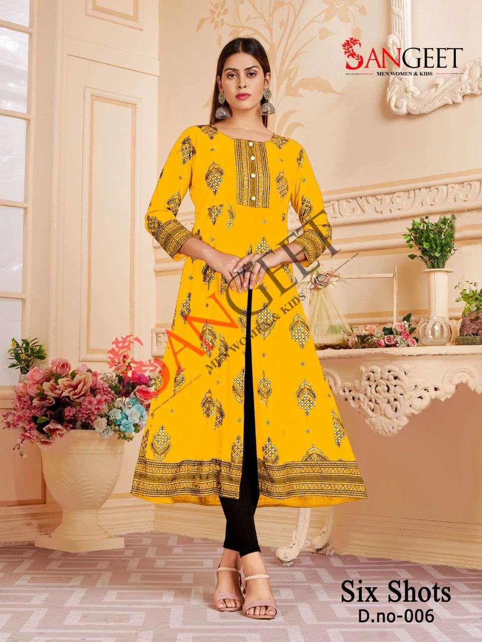 Sangeet Six Shot Vol 1 Catalog Rayon Centre Cut Party Wear Kurtis Wholesale