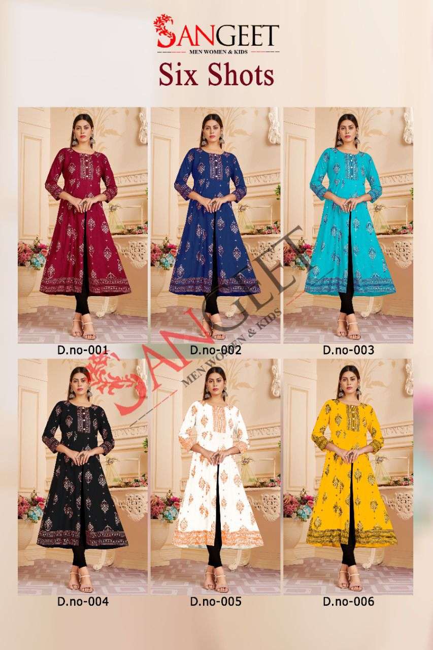 Sangeet Six Shot Vol 1 Catalog Rayon Centre Cut Party Wear Kurtis Wholesale