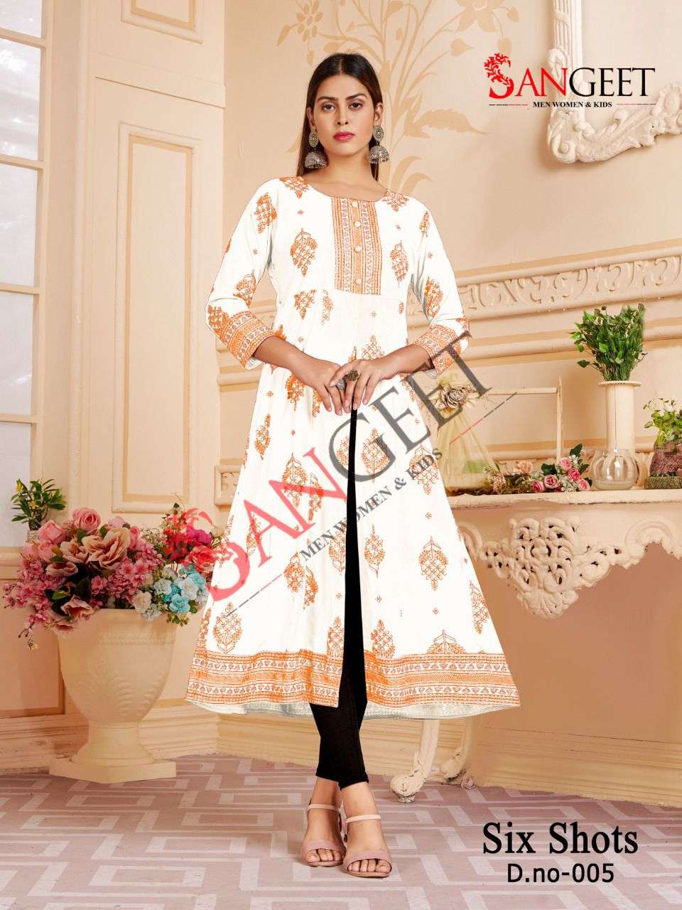 Sangeet Six Shot Vol 1 Catalog Rayon Centre Cut Party Wear Kurtis Wholesale