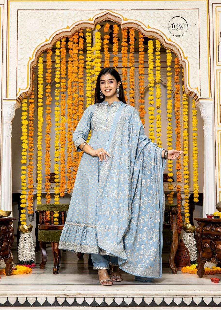 W & W Pastels Combo Of Rayon Party Wear Top Bottom Dupatta Wholesale