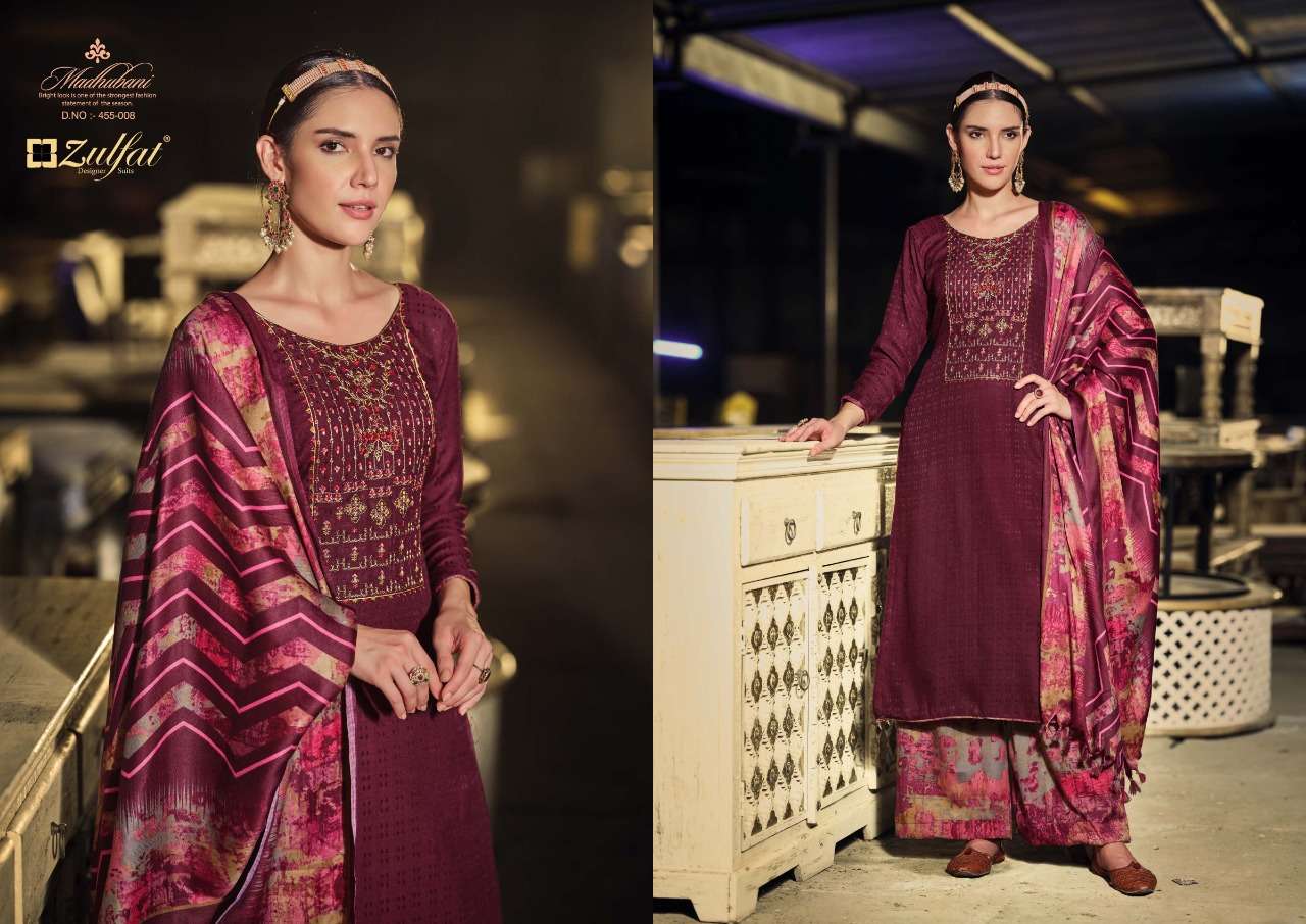 Zulfat Madhubani Catalog Embroidery Wear Winter Pashmina Dress Materials Wholesale