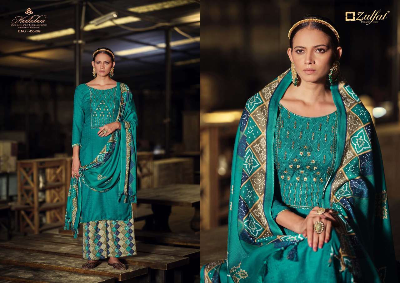 Zulfat Madhubani Catalog Embroidery Wear Winter Pashmina Dress Materials Wholesale