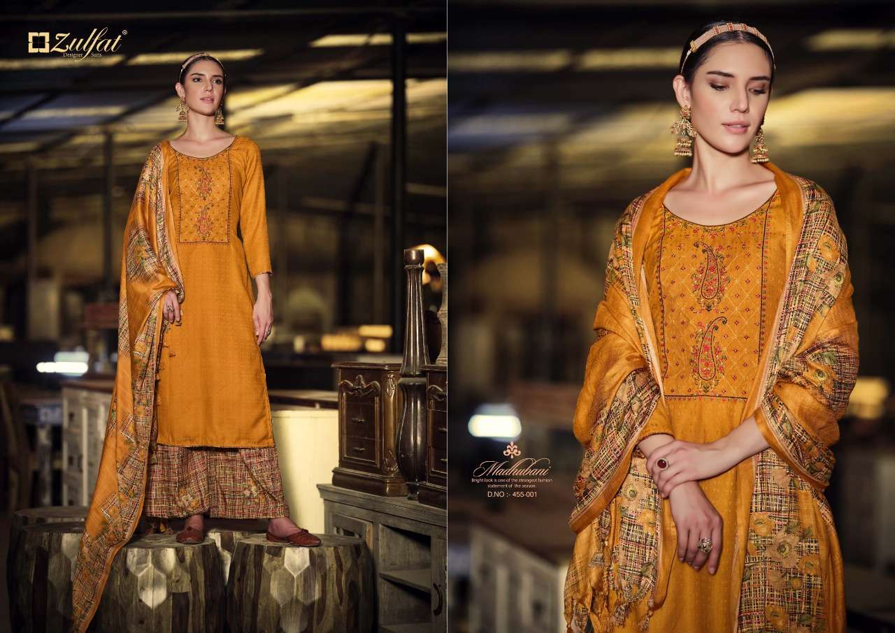Zulfat Madhubani Catalog Embroidery Wear Winter Pashmina Dress Materials Wholesale