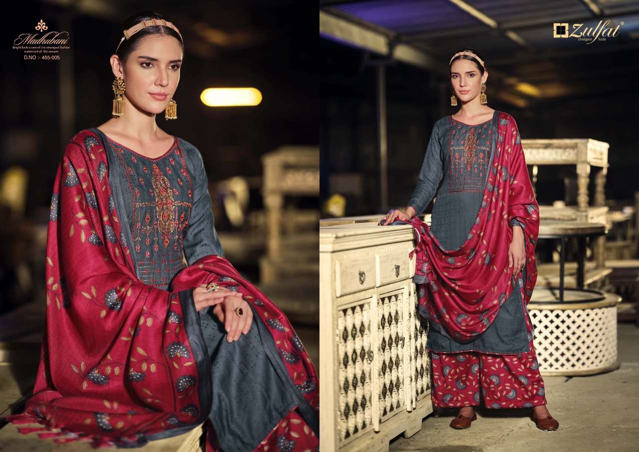 Zulfat Madhubani Catalog Embroidery Wear Winter Pashmina Dress Materials Wholesale