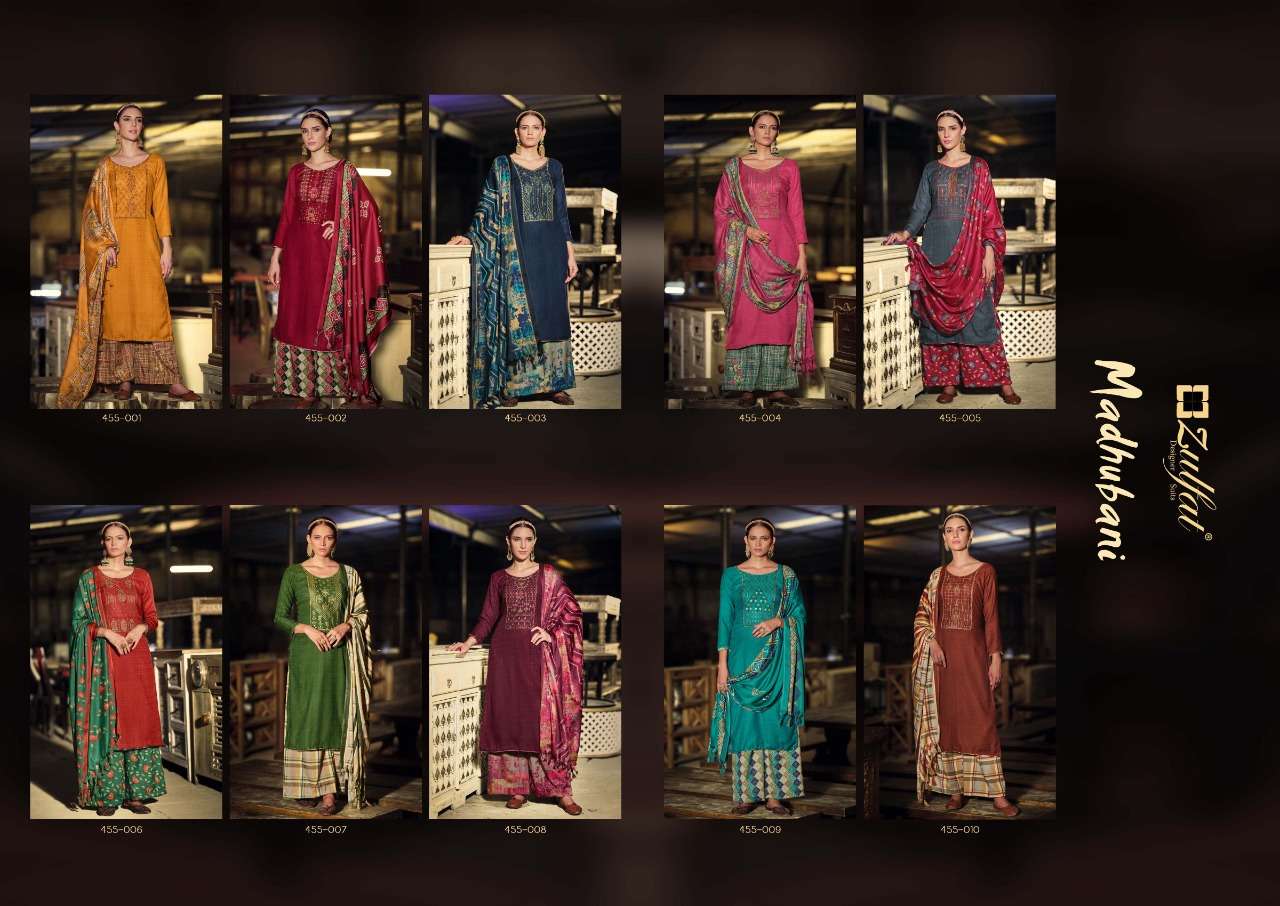 Zulfat Madhubani Catalog Embroidery Wear Winter Pashmina Dress Materials Wholesale