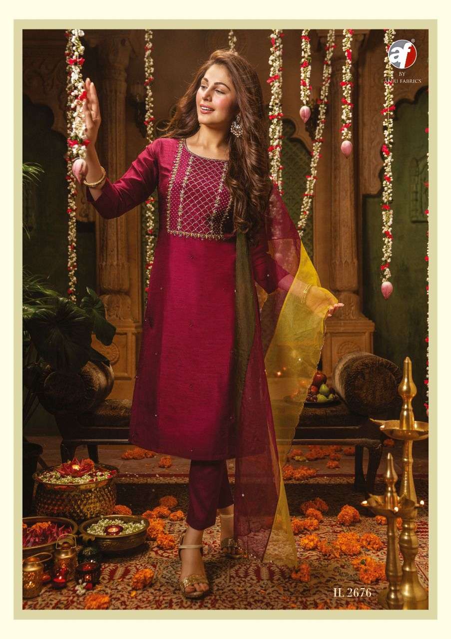 Wine Color Embroidered Cotton Kurti With Bottom (031901439)