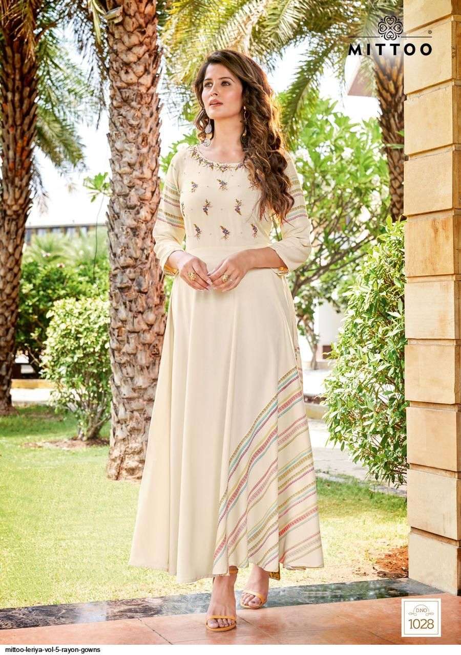 MITTOO LEHRIYA VOL 5 STYLISH EMBROIDERY HEAVY RAYON  PRINT GOWNS