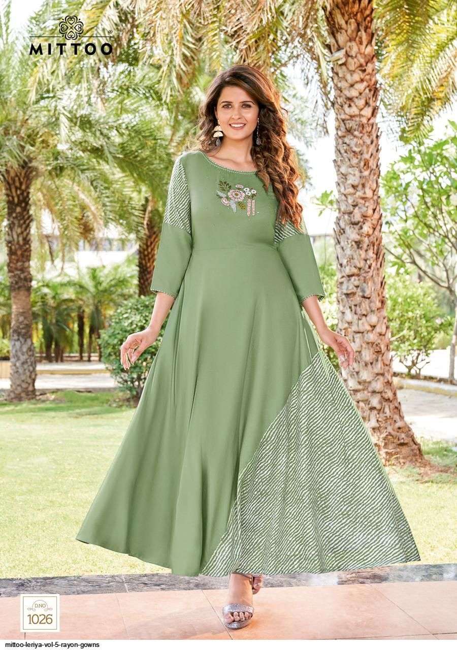 MITTOO LEHRIYA VOL 5 STYLISH EMBROIDERY HEAVY RAYON  PRINT GOWNS