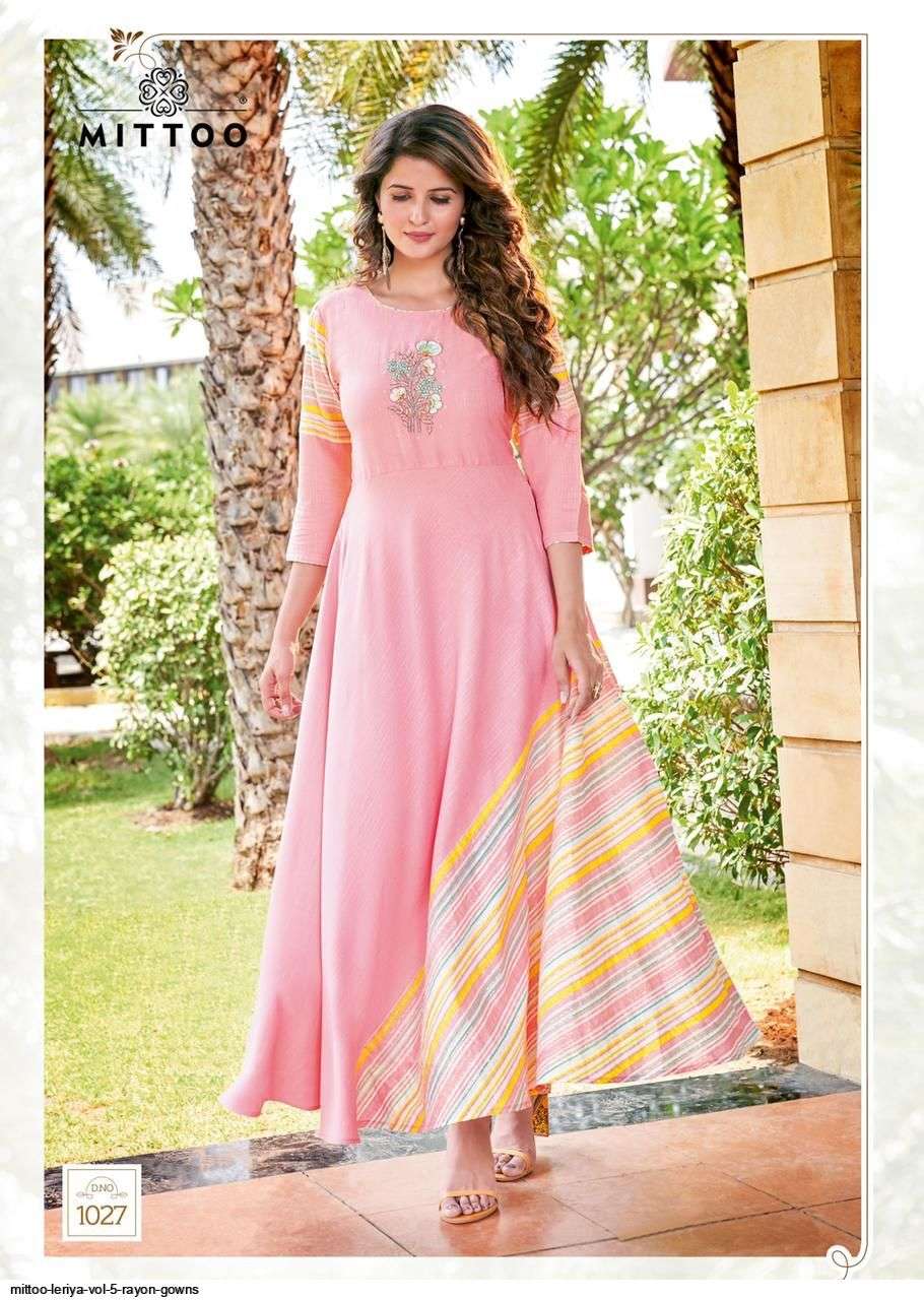 MITTOO LEHRIYA VOL 5 STYLISH EMBROIDERY HEAVY RAYON  PRINT GOWNS