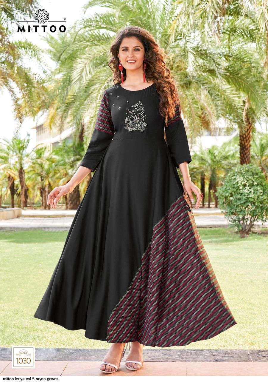 MITTOO LEHRIYA VOL 5 STYLISH EMBROIDERY HEAVY RAYON  PRINT GOWNS