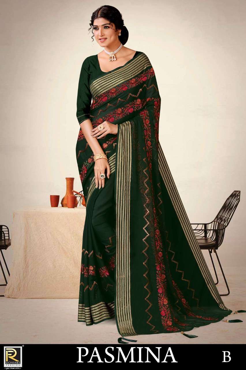 PARTY WEAR PASHMINA SAREE ON FANCY WORK CHIFFON PATTA