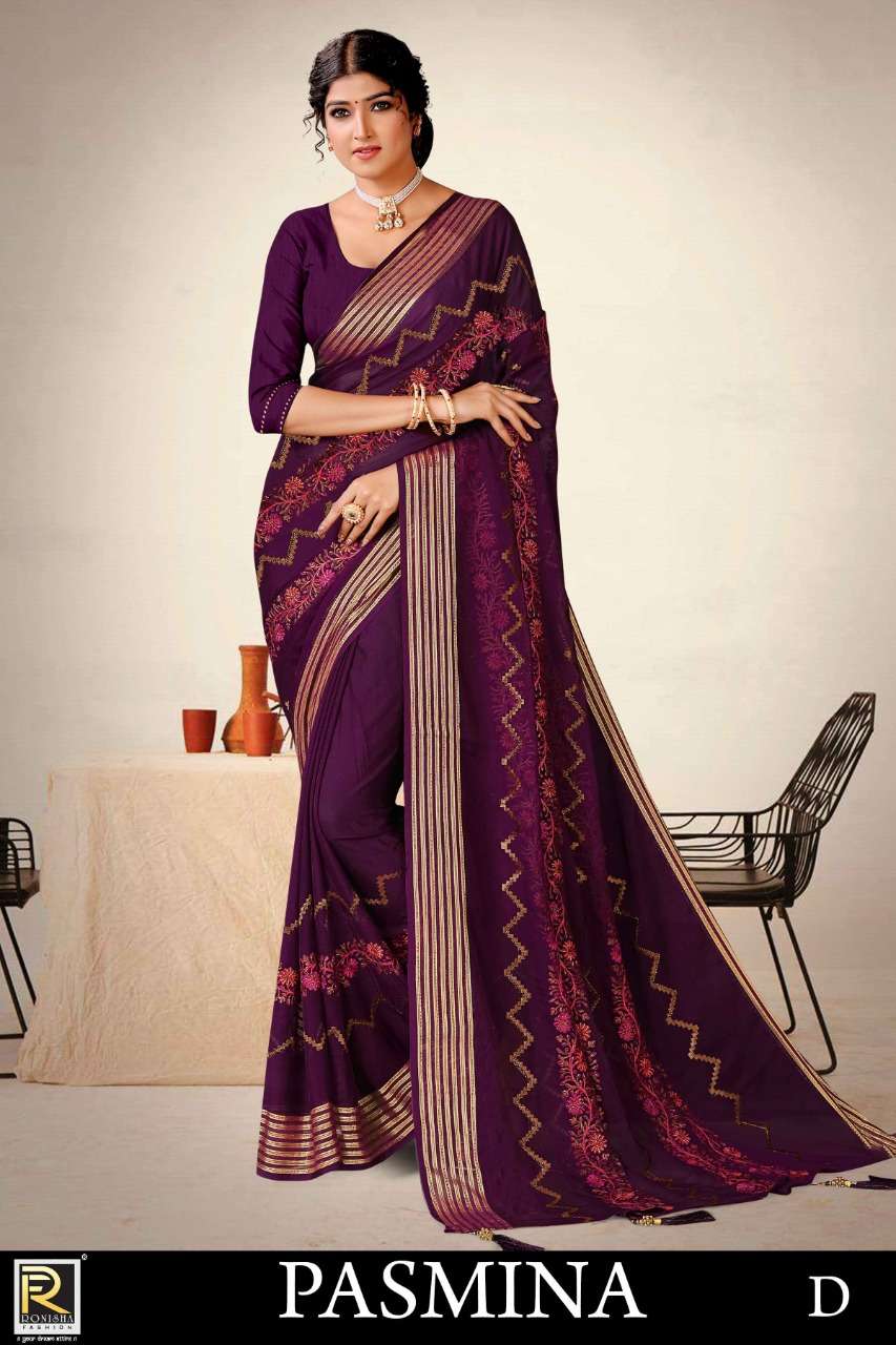 PARTY WEAR PASHMINA SAREE ON FANCY WORK CHIFFON PATTA